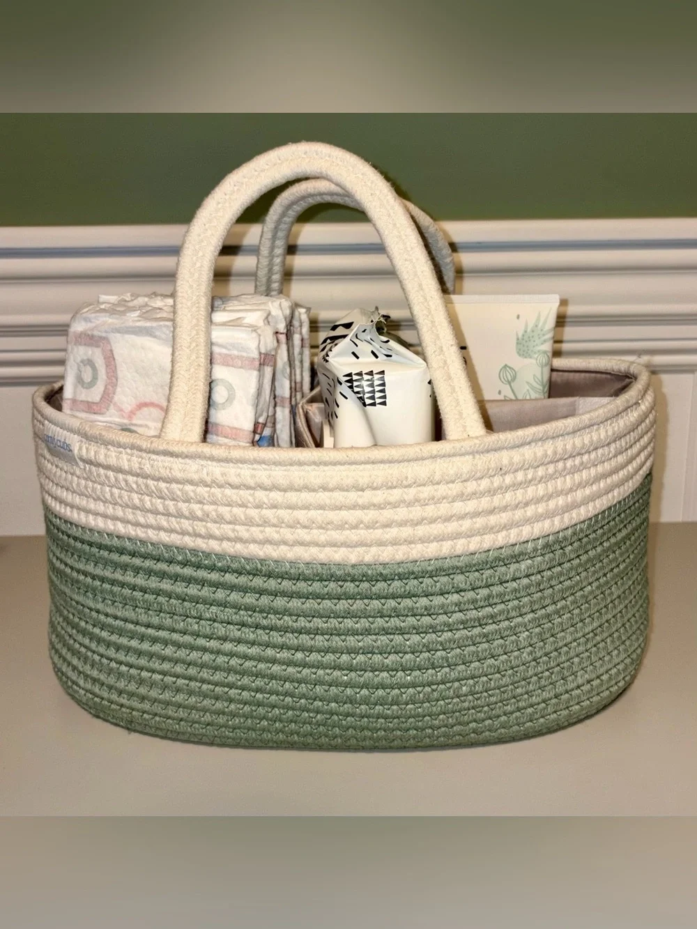 Comfy Cubs Sage Green Rope Diaper Caddy Organizer Nursery Storage Basket